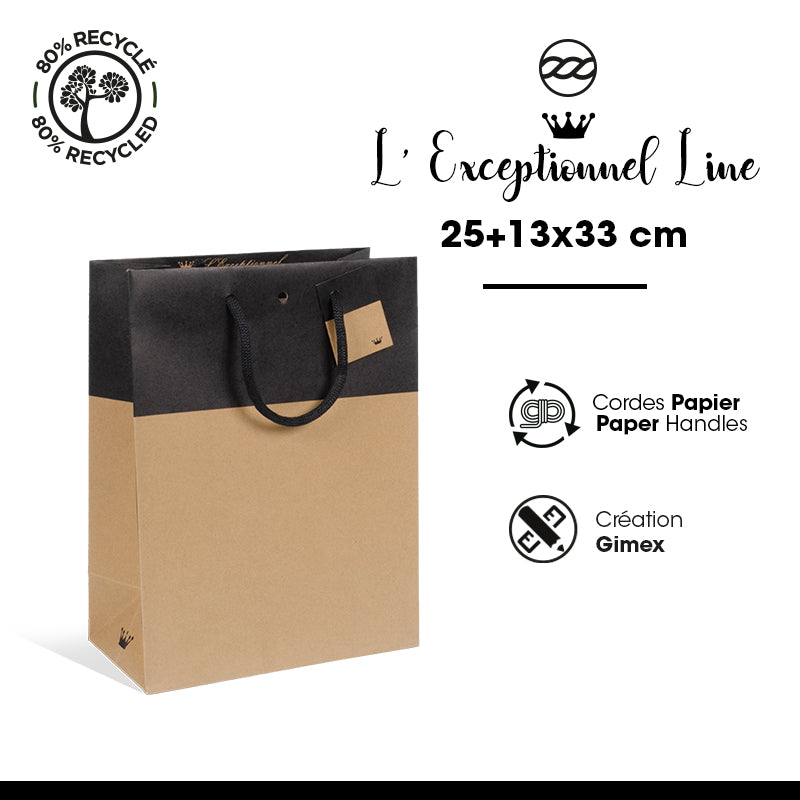Sac luxe Line|kraft brun et noir|poignées papier|25+13x33cm|par 150
