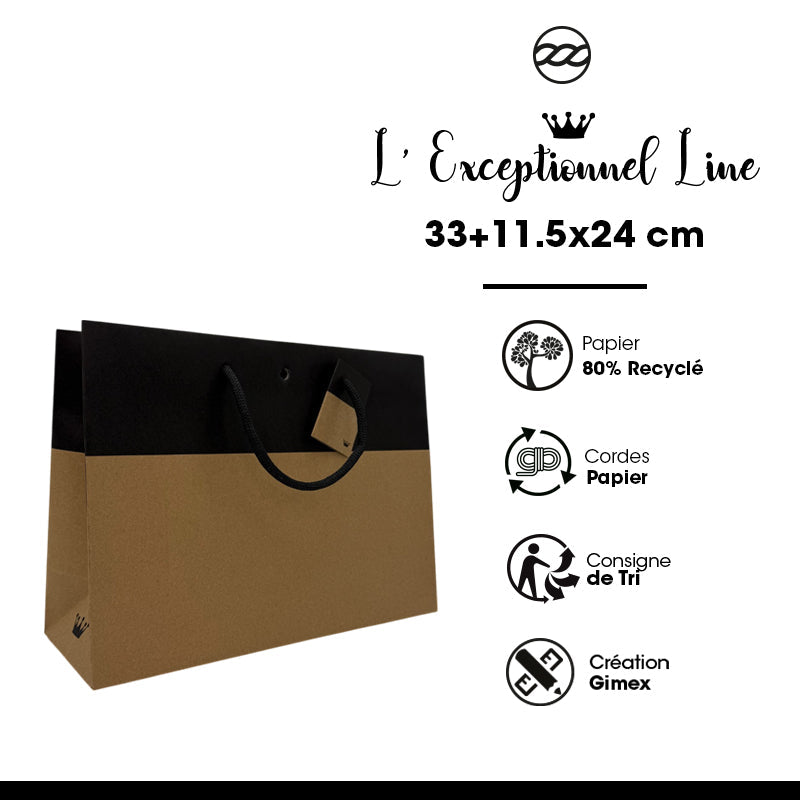 Sac luxe Line|kraft brun et noir|poignées papier|33+11,5x24cm|par 100