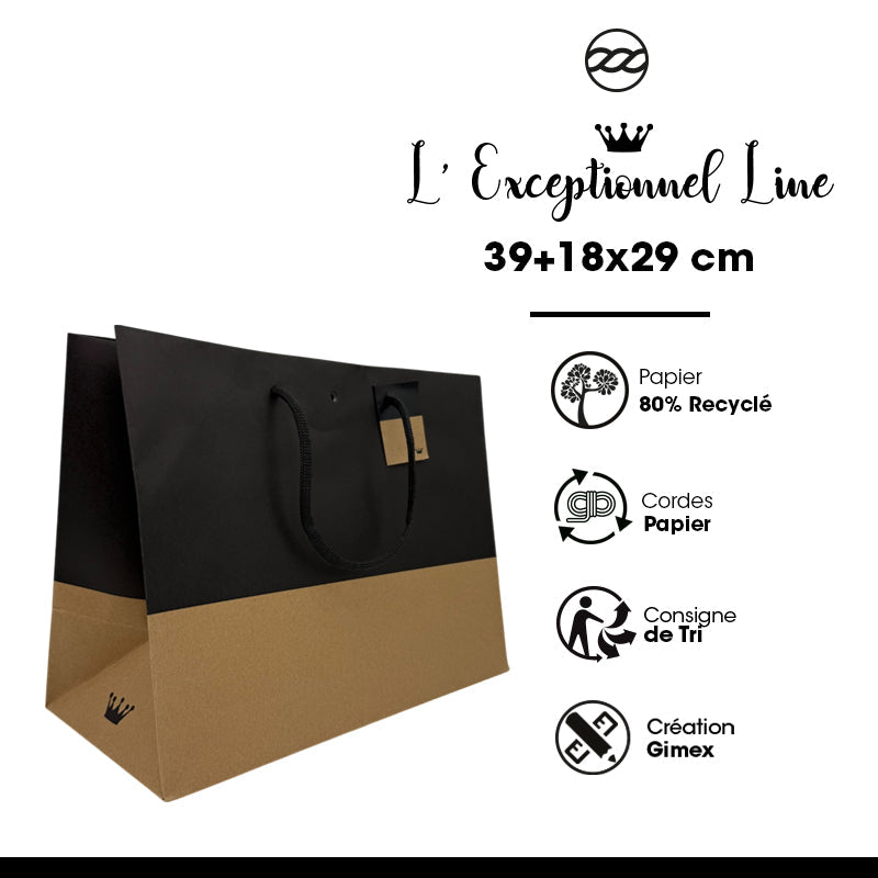 Sac luxe Line|kraft brun et noir|poignées papier|39+18x29cm|par 60