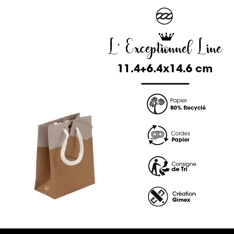 Sac luxe Line|kraft brun et blanc|poignées papier | 11,4+6,4x14,6cm | par 300