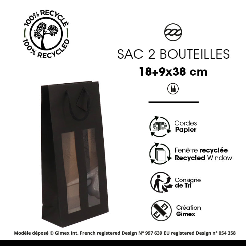 Sac 2 bouteilles à fenêtre | kraft noir | poignées papier | 18+9x38cm |par 100