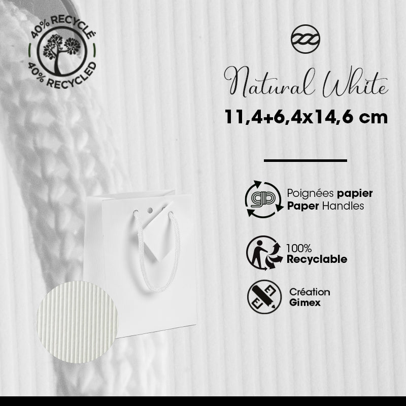 Sac luxe Natural White|kraft blanc|poignées papier| 11,4+6,4x14,6cm | par 200