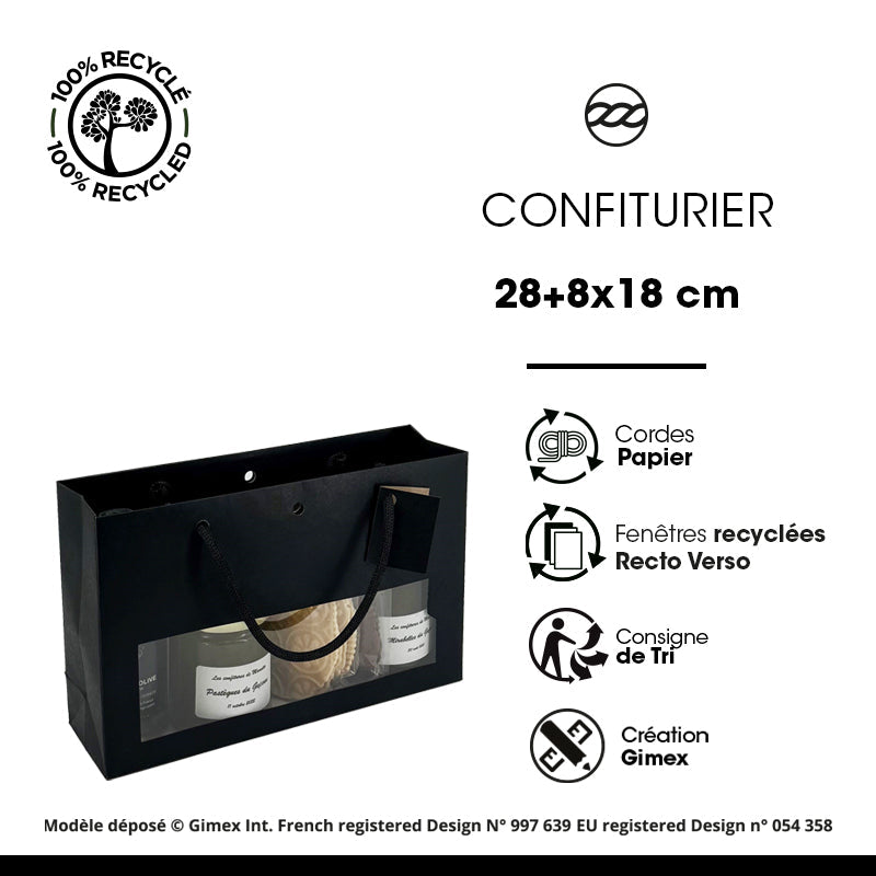Sac luxe Confiturier|kraft noir|poignées papier|28+8x18cm|par 120