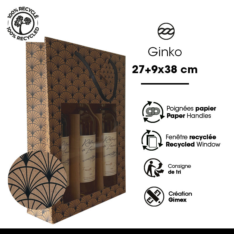 Sac 3 bouteilles Ginko|kraft brun|poignées papier|27+9x38cm|par 100