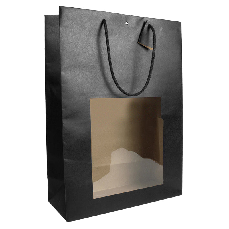 Sac fenêtre King|kraft noir|poignées papier|33+14x45,7cm|par 60