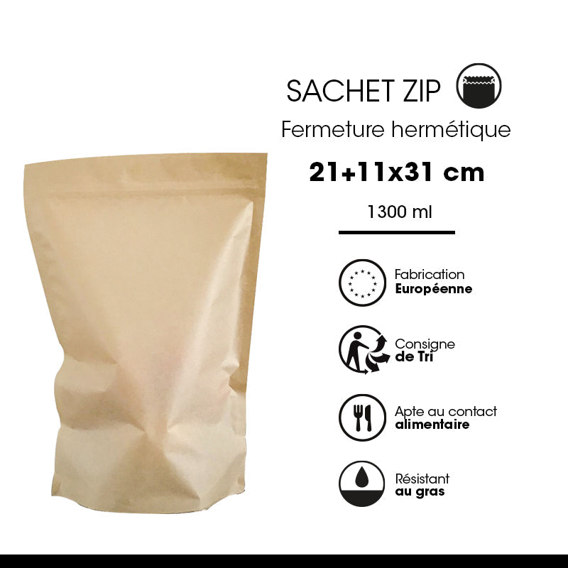 Sachet Doypack avec zip hermétique 1500ml|kraft brun|par 400