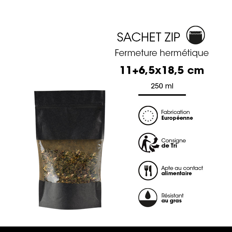 Sachet Doypack à fenêtre et zip hermétique 250ml|kraft noir|par 1000