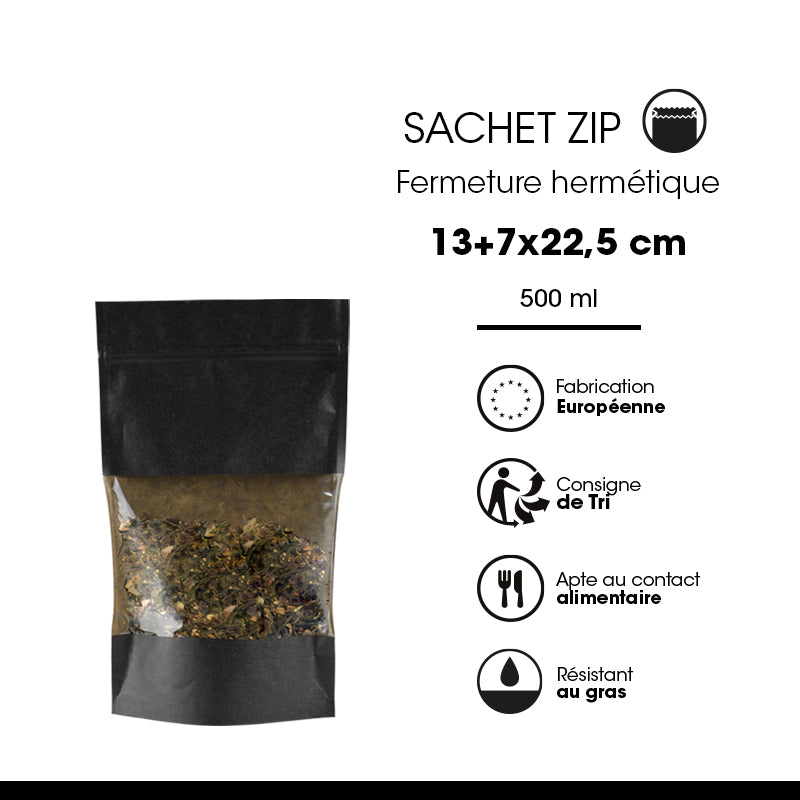 Sachet Doypack à fenêtre et zip hermétique 500ml|kraft noir|par 900