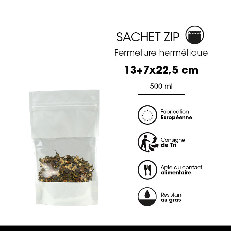 Sachet Doypack à fenêtre et zip hermétique 500ml|kraft blanc|par 900