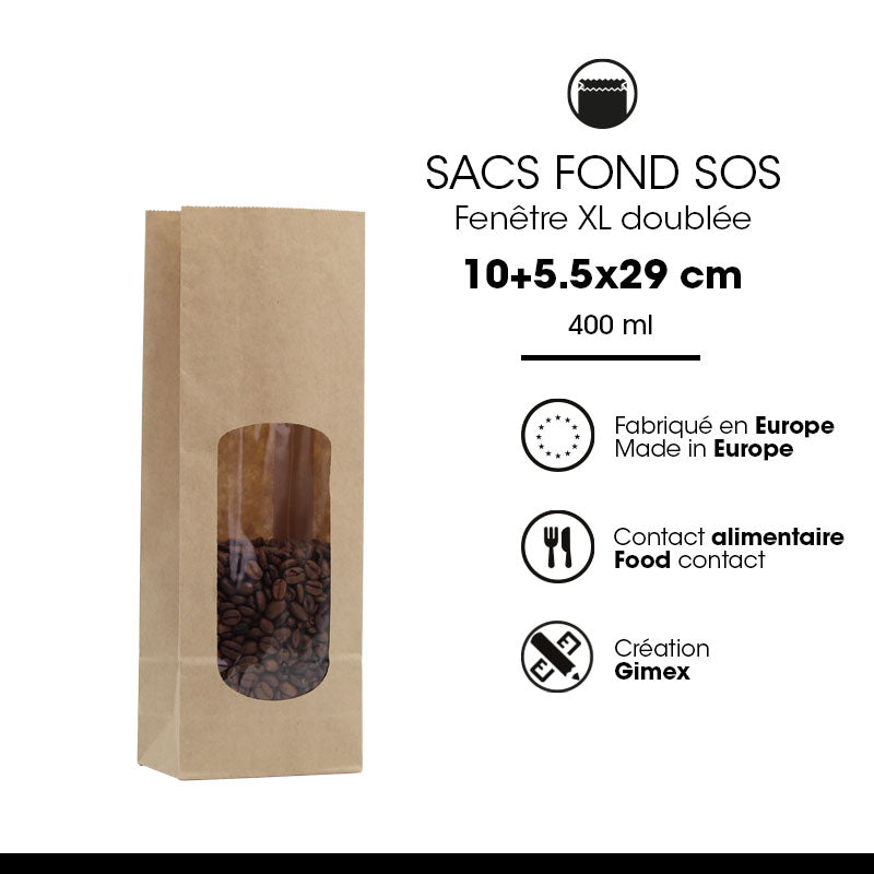 Sac alimentaire SOS fenêtre XL 400 ml|kraft brun lisse|par 1200