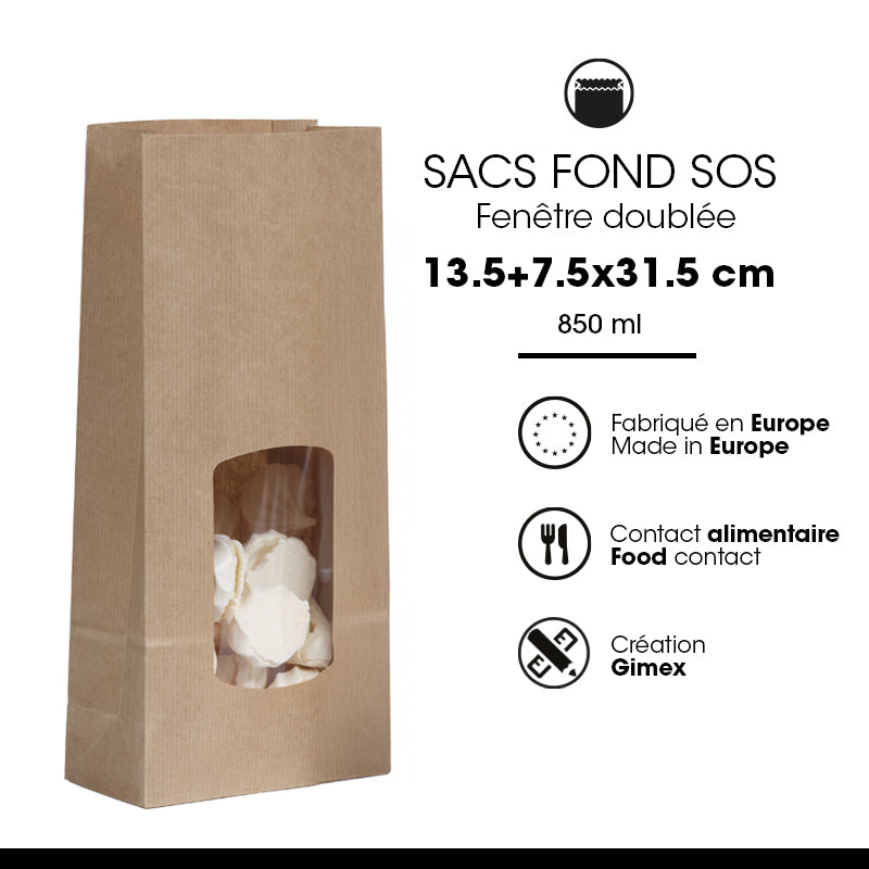 Sac alimentaire SOS fenêtre 850 ml|kraft brun vergé|par 800