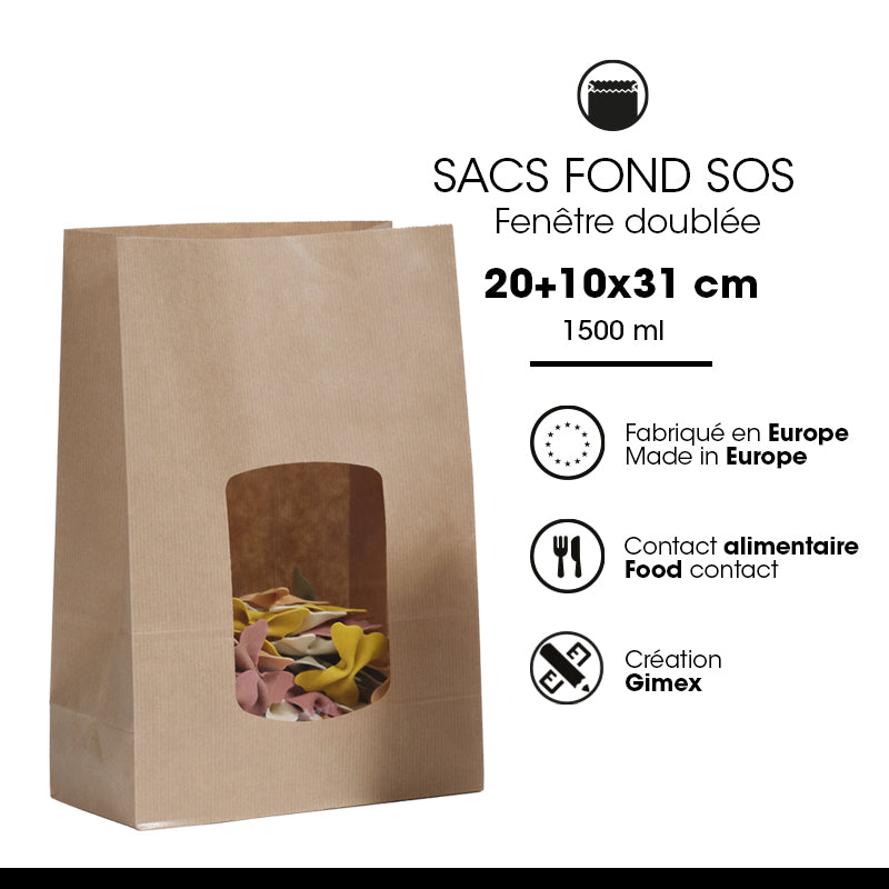 Sac alimentaire SOS fenêtre 1 500 ml|kraft brun vergé|par 600
