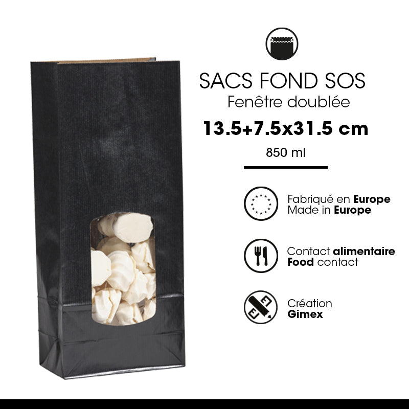 Sac alimentaire SOS fenêtre 850 ml|kraft noir vergé|par 800