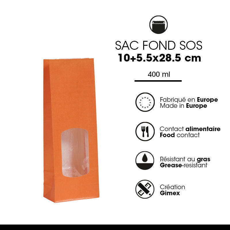 Sac alimentaire SOS fenêtre 400 ml|kraft lisse orange|par 1200