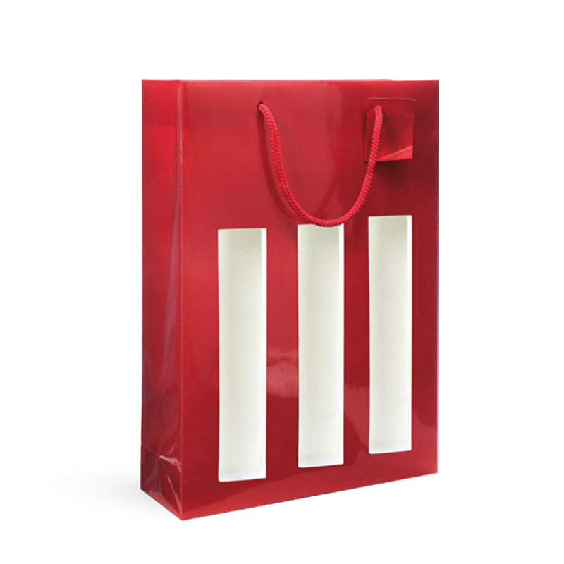 Sac fenêtre 3 bouteilles|pelliculé rouge|poignées cordelières| 27+9x38cm|par 100