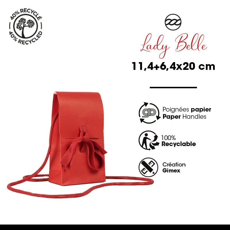 Sac Lady Belle rouge|kraft|poignées papier|11,4+6,4x20cm|par 200