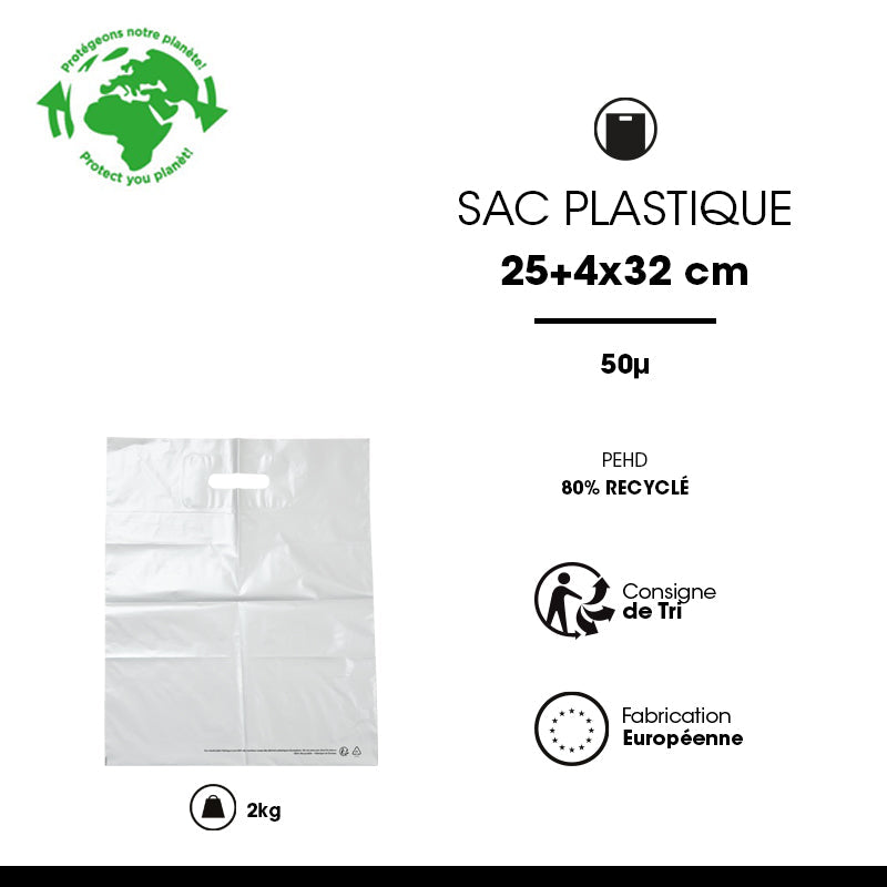 Sac plastique blanc|PEBD recyclé|poignées découpées|25x32+4cm|par 1000