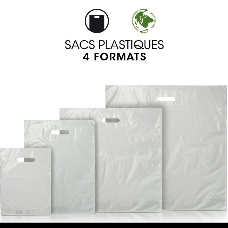 Sac plastique blanc|PEBD recyclé|poignées découpées|50x50+5cm|par 500