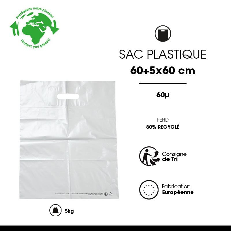Sac plastique blanc|PEBD recyclé|poignées découpées|60x60+5cm|par 400