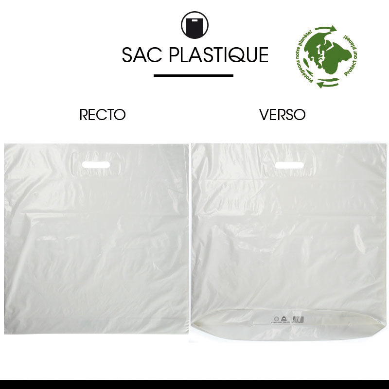 Sac plastique blanc|PEBD recyclé|poignées découpées|60x60+5cm|par 400