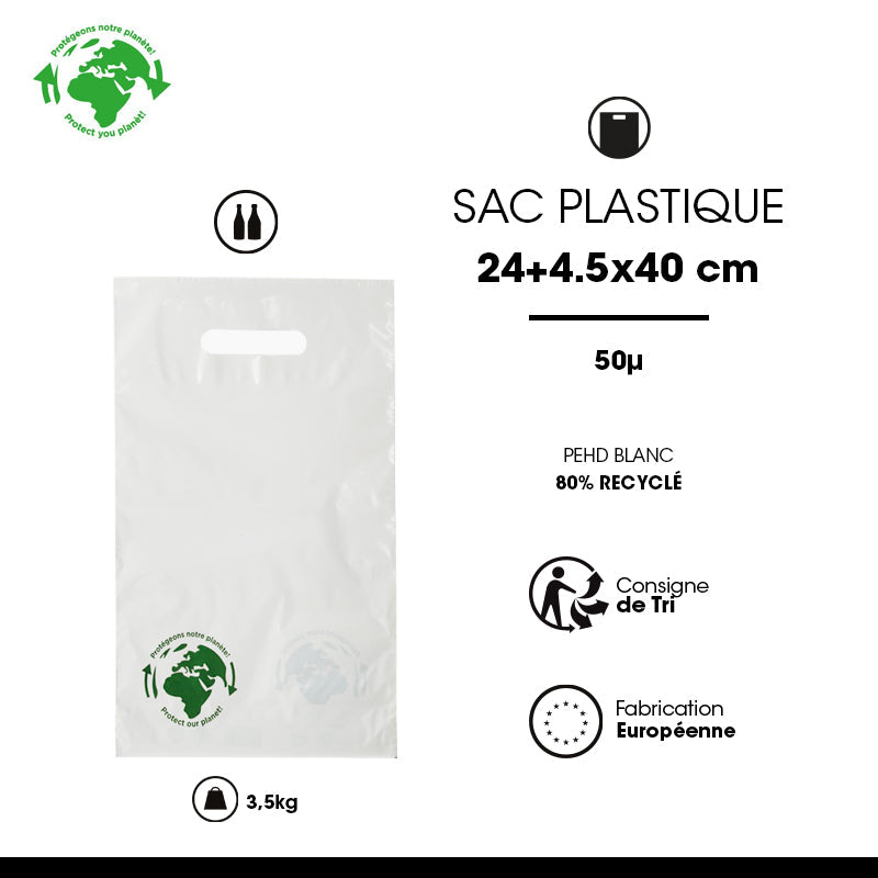 Sac plastique 2 bouteilles|PEBD blanc|poignées découpées|24x40+4,5cm| par 1000