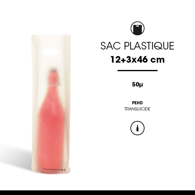 Sac 1 bouteille|PEHD givré | poignées découpées|12+3/3x46cm|par 1000