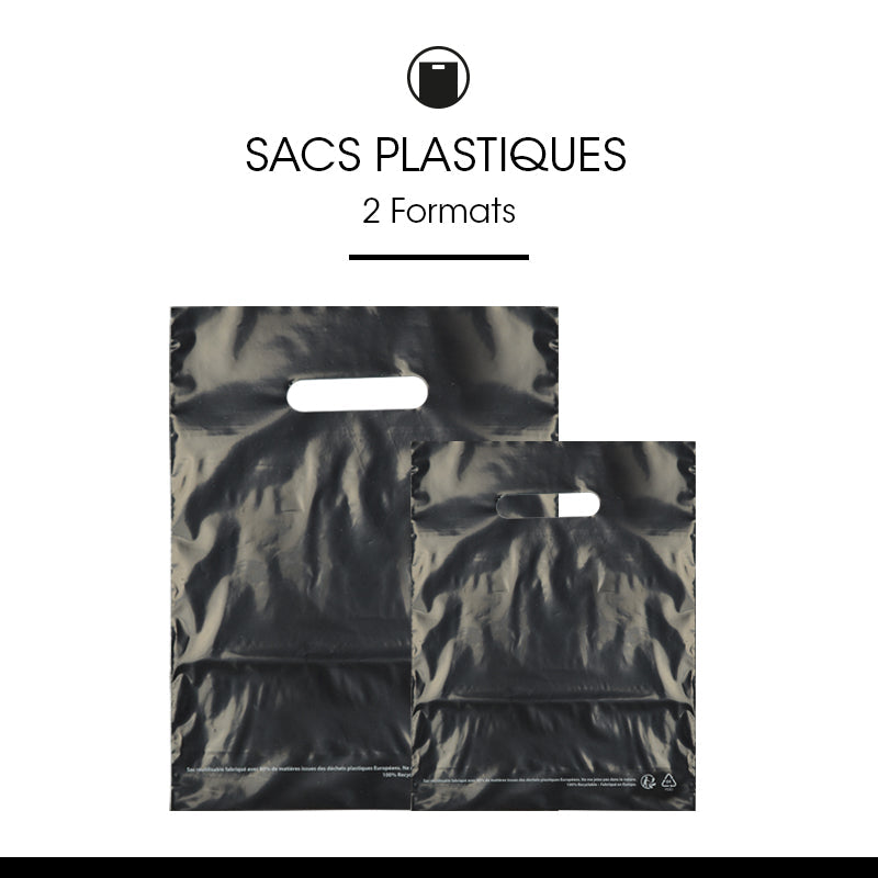 Sac plastique noir|PEBD recyclé|poignées découpées|25x32cm|par 1000