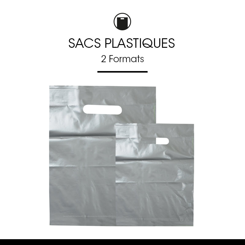 Sac plastique gris|PEBD recyclé|poignées découpées|25x32cm|par 1000