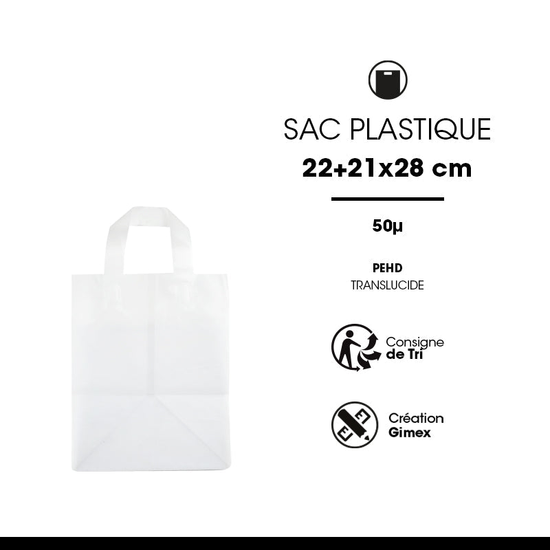 Sac plastique |PEHD givré|poignées souples|22+21x28cm|par 250