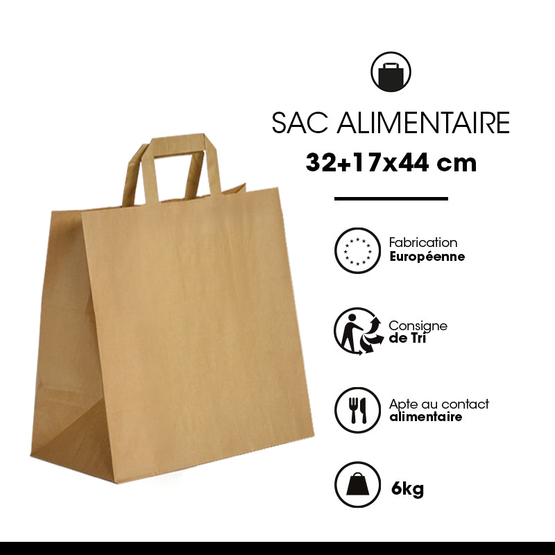 Sac kraft brun recyclé|poignées plates|32+17x44cm|par 250