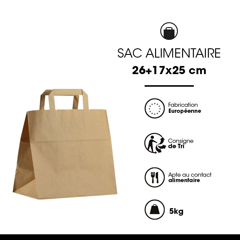 Sac kraft brun recyclé|poignées plates|26+17x25cm|par 250