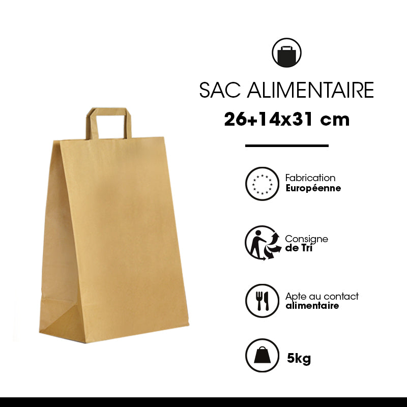 Sac kraft brun recyclé|poignées plates|26+14x31cm|vrac par 250