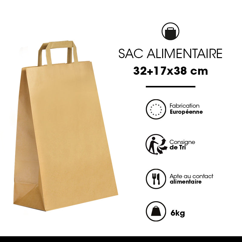 Sac kraft brun recyclé|poignées plates|32+17x38cm|par 250