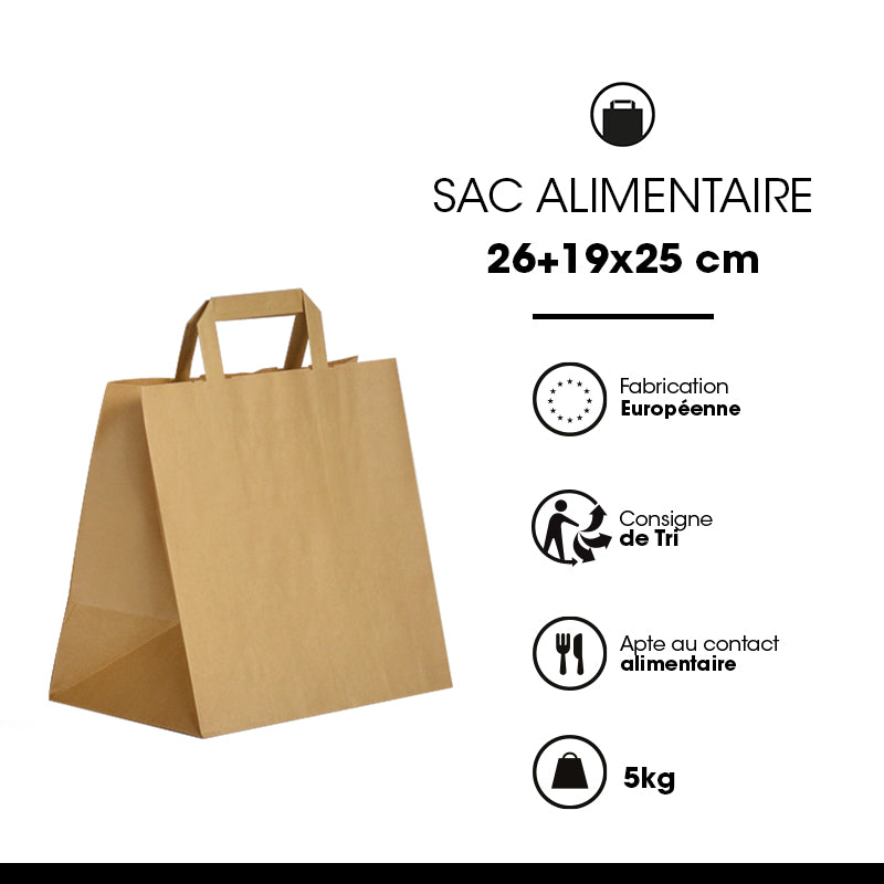 Sac kraft brun recyclé|poignées plates|26+19x25cm|par 250