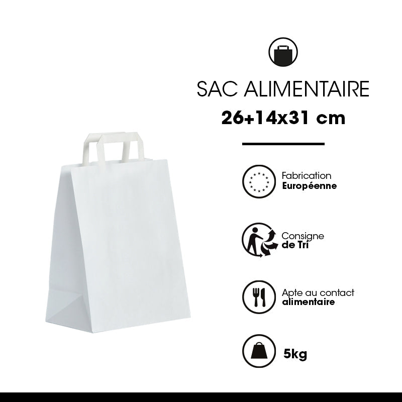 Sac kraft blanc lisse|poignées plates|26+14x31cm|vrac par 250
