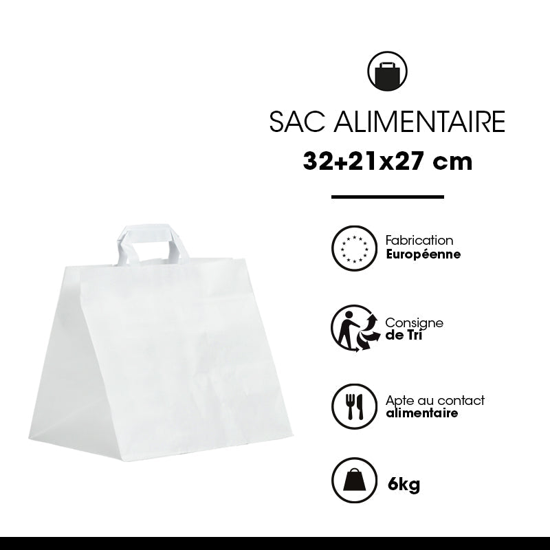 Sac kraft blanc lisse|poignées plates|32+21x27cm|par 250