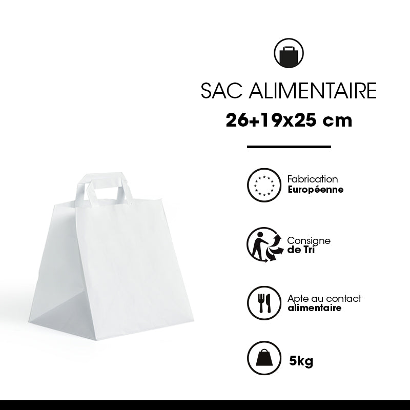 Sac kraft blanc lisse|poignées plates|26+19x25cm|par 250