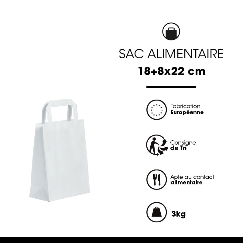 Sac kraft blanc lisse|poignées plates|18+8x22cm|par 300