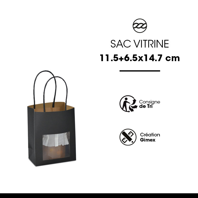 Sac vitrine|kraft noir|poignées torsadées|11,4+6,4×14,6cm|par 300