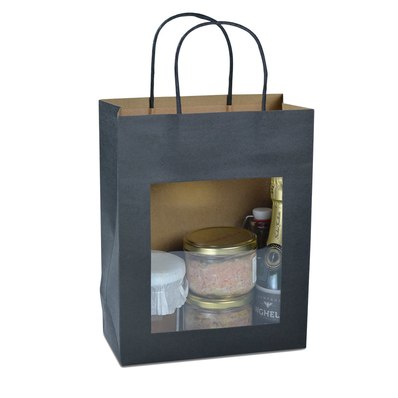 Sac vitrine|kraft noir|poignées torsadées|22+11×28cm|par 240