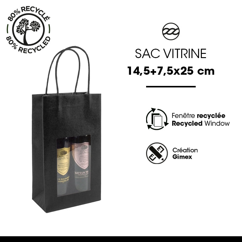 Sac fenêtre|kraft noir|poignées torsadées|14,5+7,5x25cm|par 200