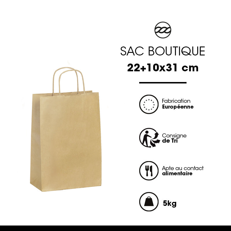 Sac boutique|kraft brun|poignées torsadées|22+10x31cm|par 250