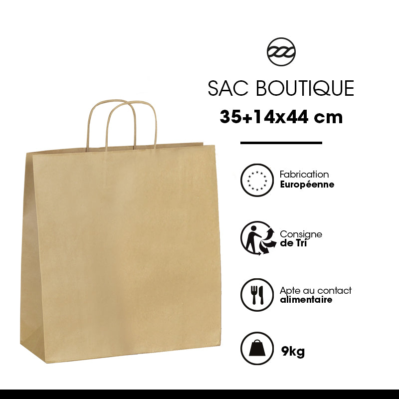 Sac boutique|kraft brun|poignées torsadées|35+14x44cm|par 250