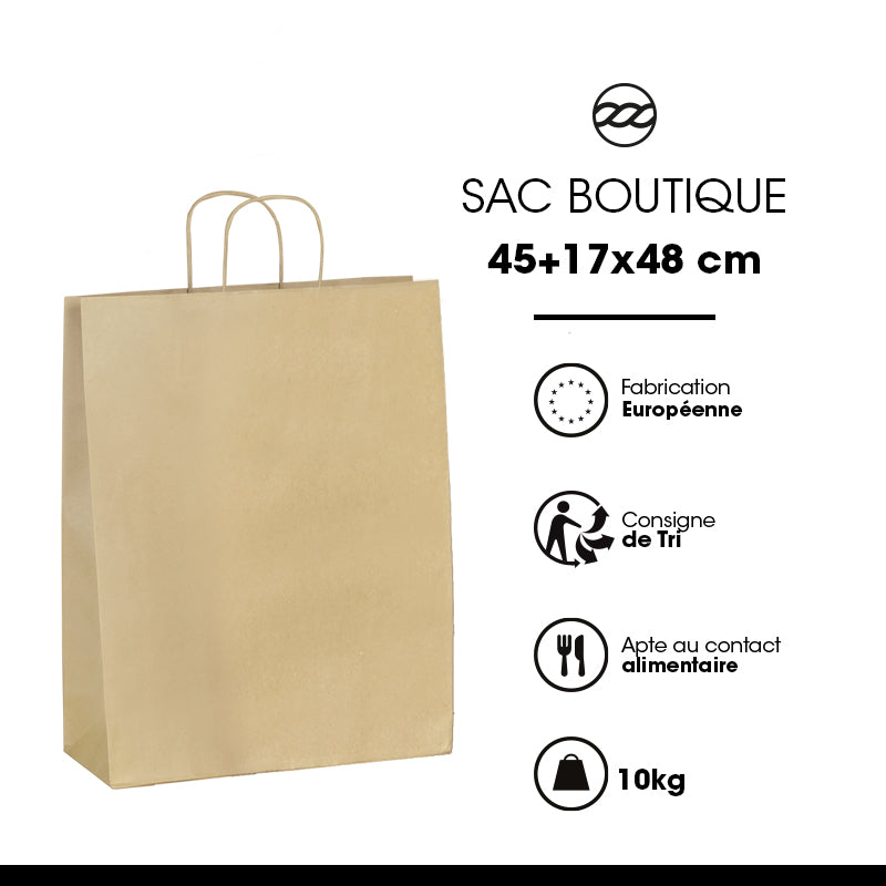 Sac boutique|kraft brun|poignées torsadées|45+17x48cm|par 200