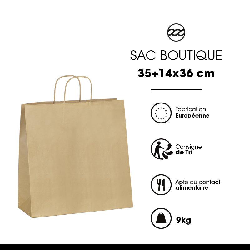 Sac boutique|kraft brun|poignées torsadées|35+14x36cm|par 250
