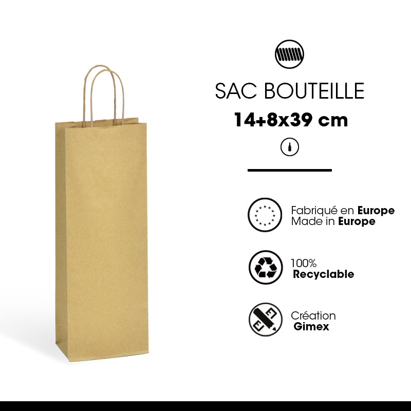 Sac 1 bouteille|kraft brun|poignées torsadées|14+8x39cm|par 200