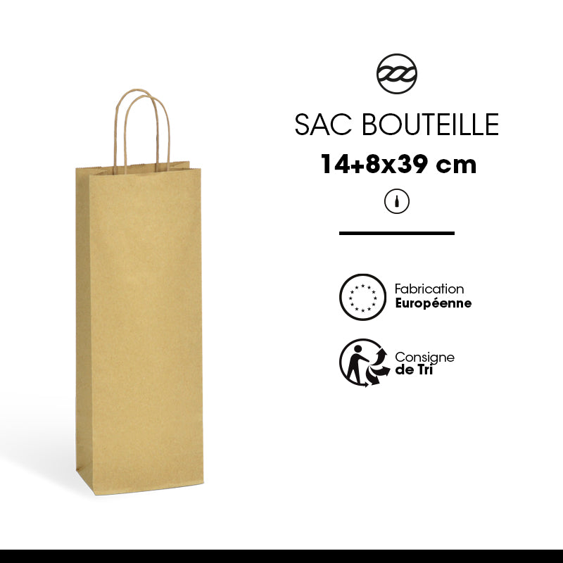Sac 1 bouteille|kraft brun|poignées torsadées|14+8x39cm|par 200