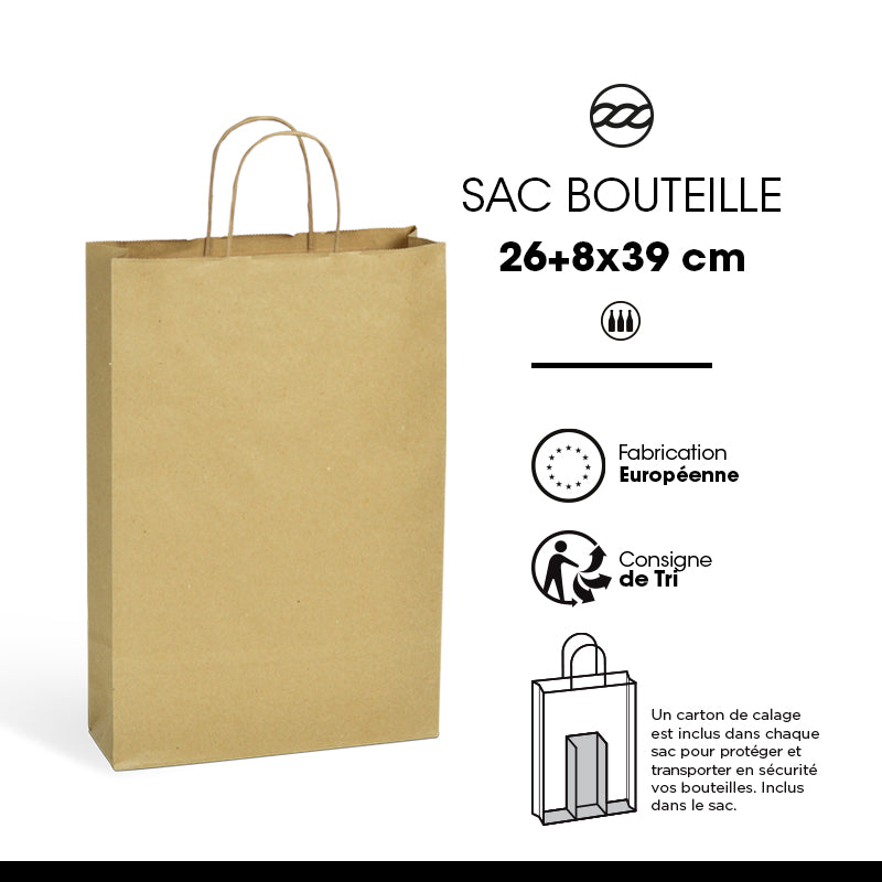 Sac 3 bouteilles|kraft brun|poignées torsadées|26+8x39cm|par 100