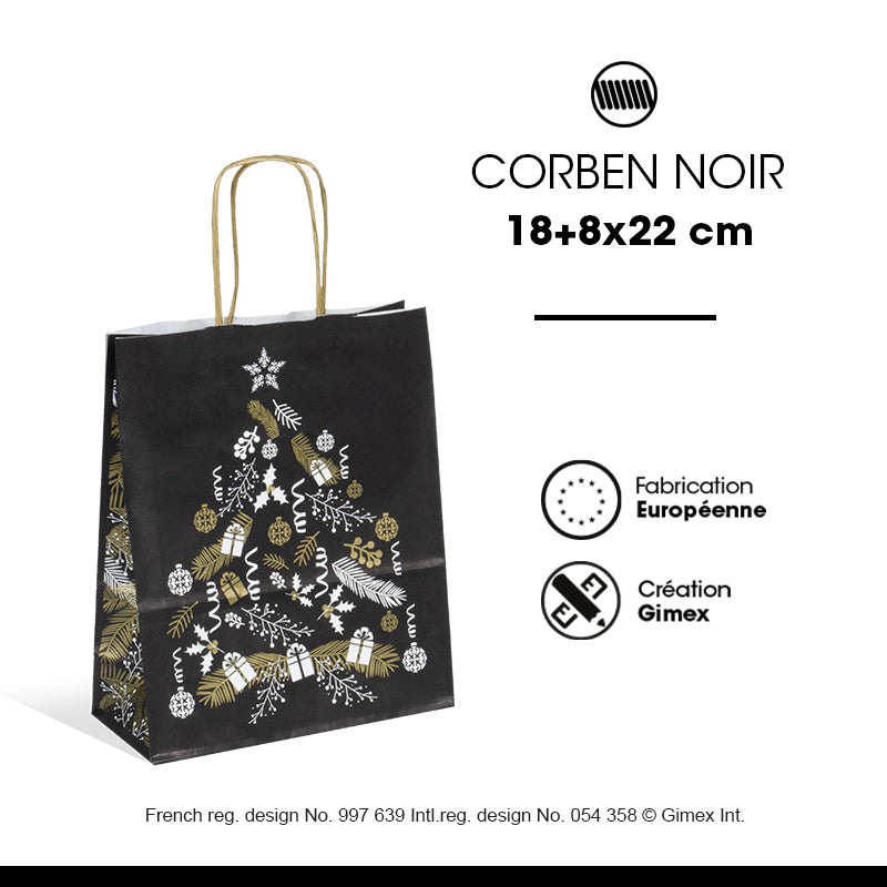 Sac Corben Noir|kraft blanc|poignées torsadées |18+8x22cm|par 250