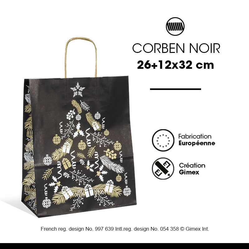 Sac Corben Noir|kraft blanc|poignées torsadées |26+12x32cm|par 250